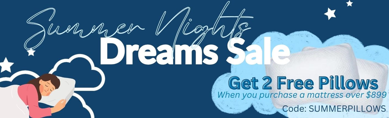 Graphic for Summer Nights Dream Sale with dark blue background and images of sleeping lady and clouds. Says get 2 free pillows when you purchase a mattress over $899 with code SUMMERPILLOWS