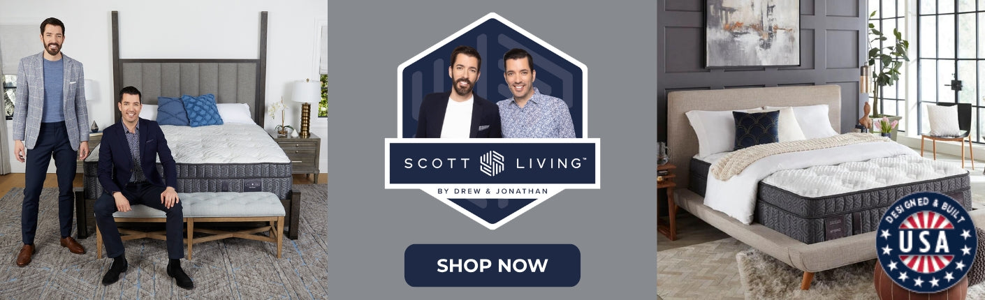 Scott Living by Drew & Jonathon banner, with images of the Scott Living mattresses and the brothers posed next to them. Shop Now button.